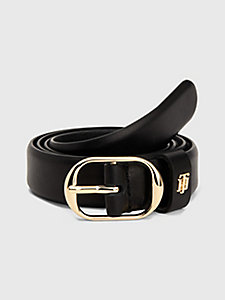 black oval buckle th monogram leather belt for women tommy hilfiger