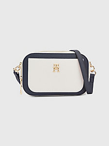 beige colour-blocked monogram camera bag for women tommy hilfiger