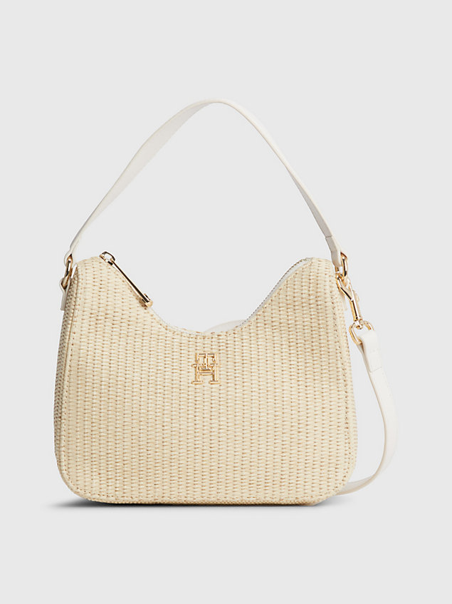 beige textured weave monogram shoulder bag for women tommy hilfiger