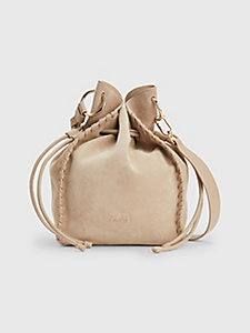 beige suede relaxed bucket bag for women tommy hilfiger