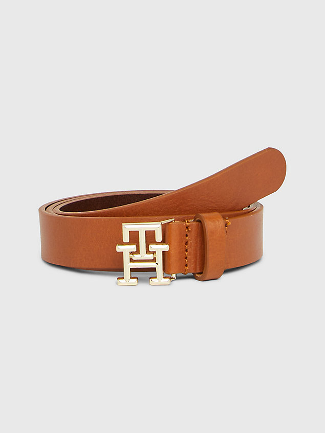 cinturón de piel con insignia del monograma brown de mujer tommy hilfiger