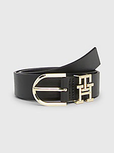 zwart luxe leather riem met monogram op de riemlus voor dames - tommy hilfiger