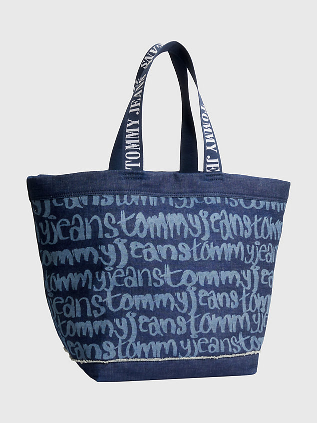 blue heritage denim shopper met spell-out-logo voor dames - tommy jeans