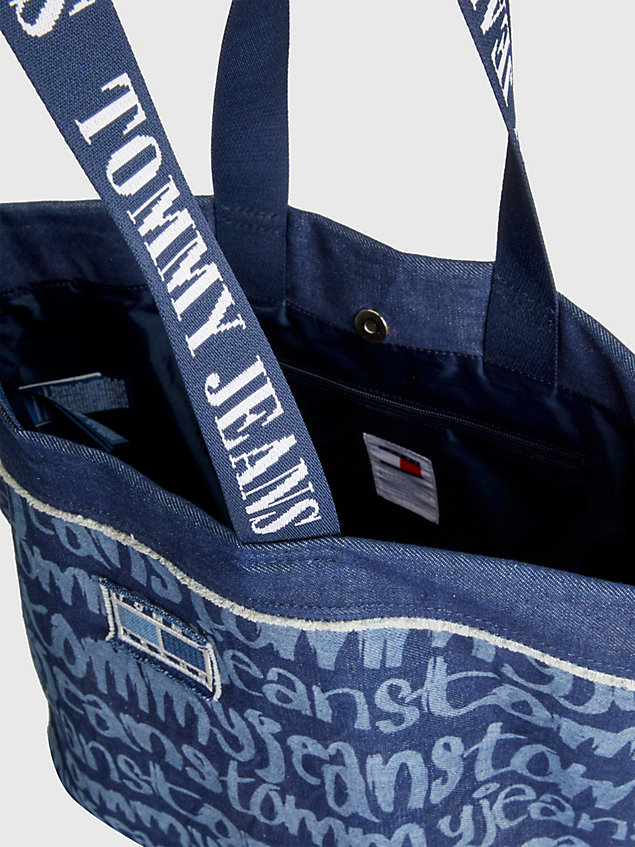 borsa tote heritage in denim spell out blue da donna tommy jeans