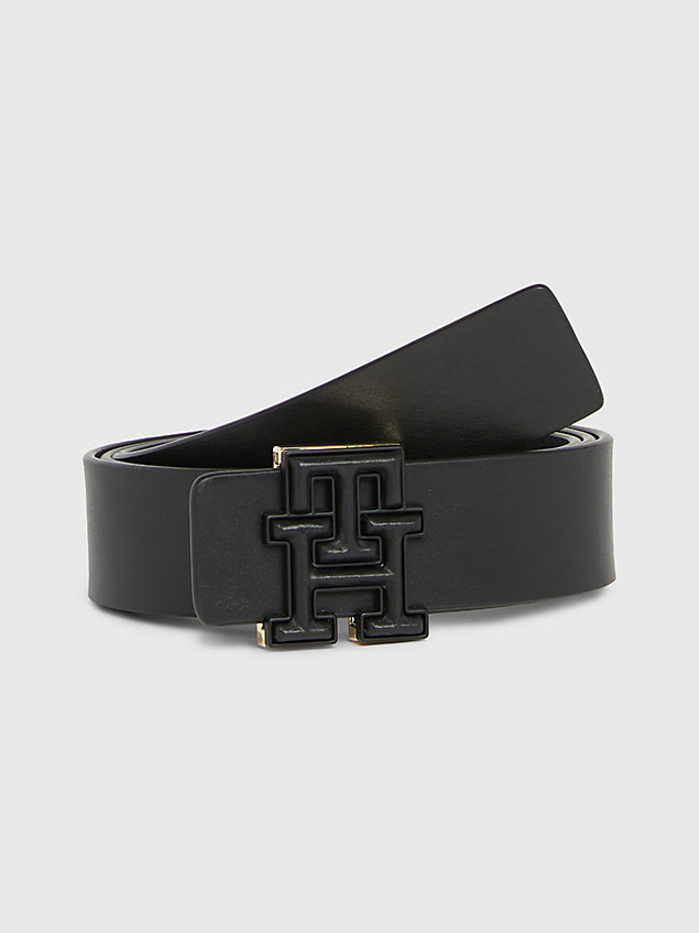 black luxe leather monogram buckle belt for women tommy hilfiger