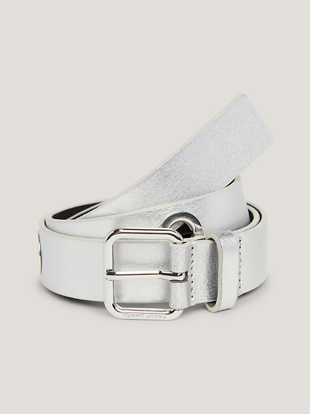 grey square buckle eyelet leather belt for women tommy jeans