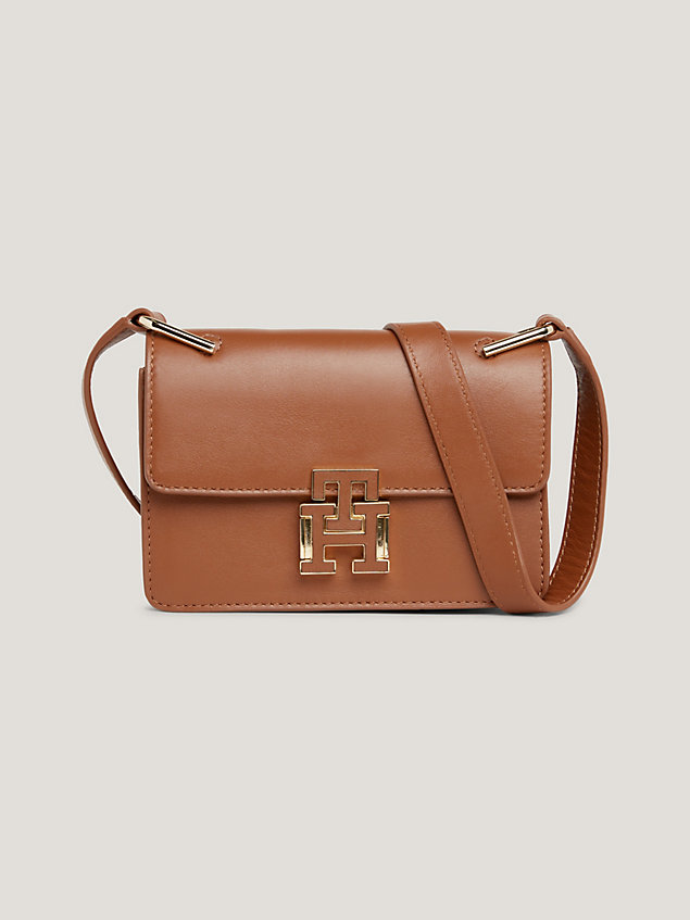 brown leather push lock mini crossover bag for women tommy hilfiger
