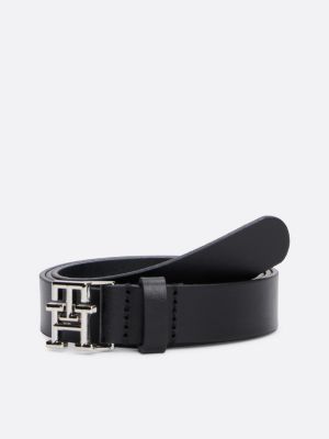 black th emblem plaque leather belt for women tommy hilfiger