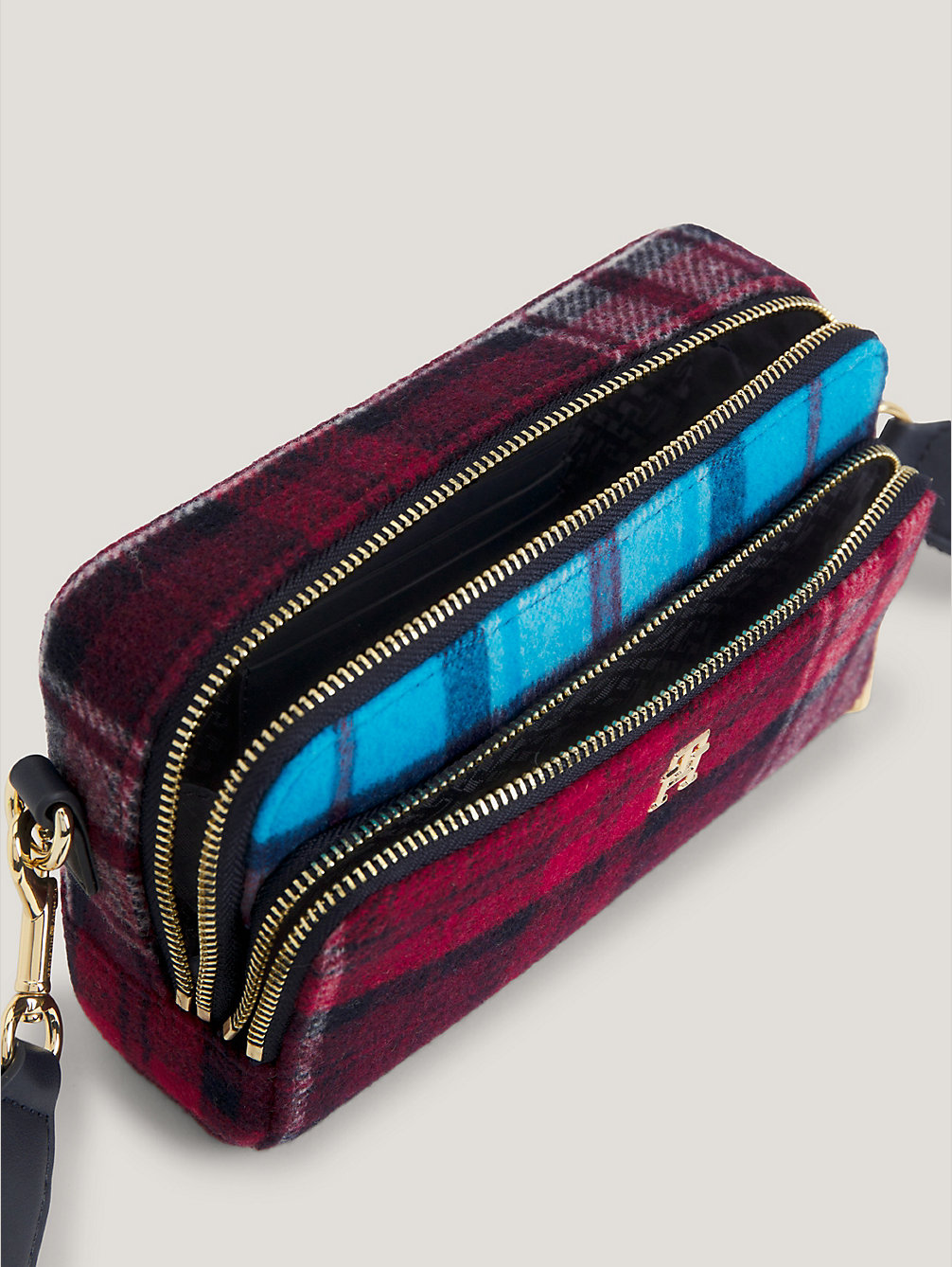 blue iconic tartan check crossover camera bag for women tommy hilfiger