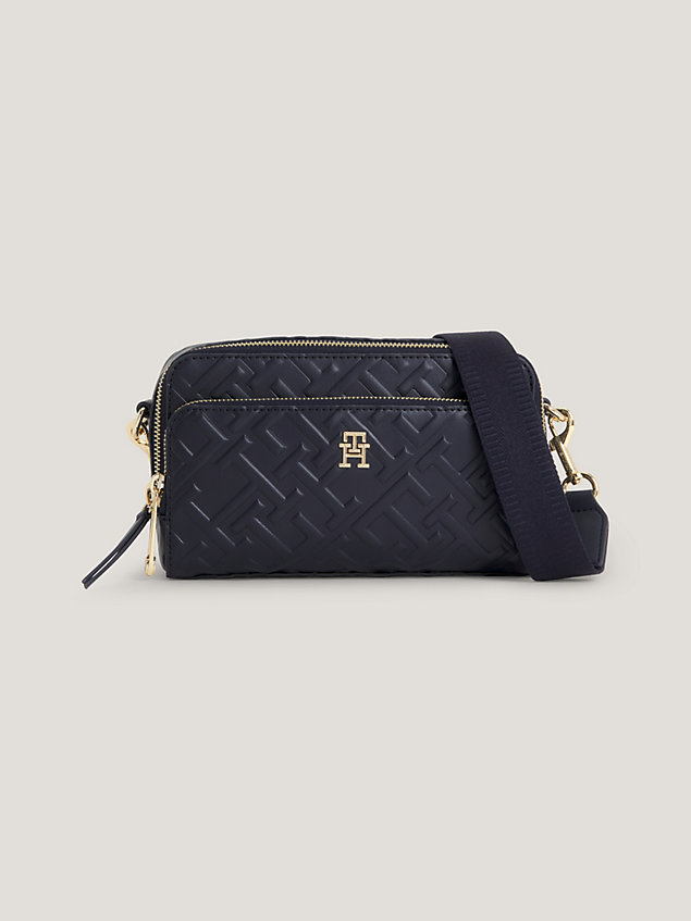 blue iconic embossed th monogram crossover camera bag for women tommy hilfiger