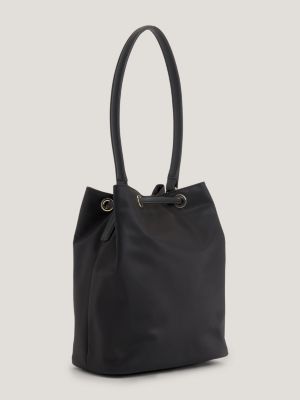 Black Bucket Bag in Leather and Wool Drawstring Bag Medium 