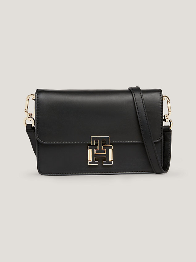 black small leather push lock crossover bag for women tommy hilfiger