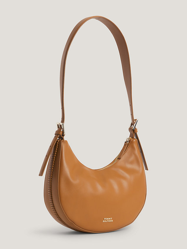 brown leather crest plaque hobo bag for women tommy hilfiger