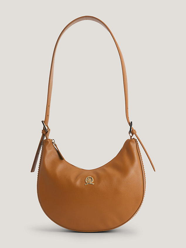 brown leather crest plaque hobo bag for women tommy hilfiger