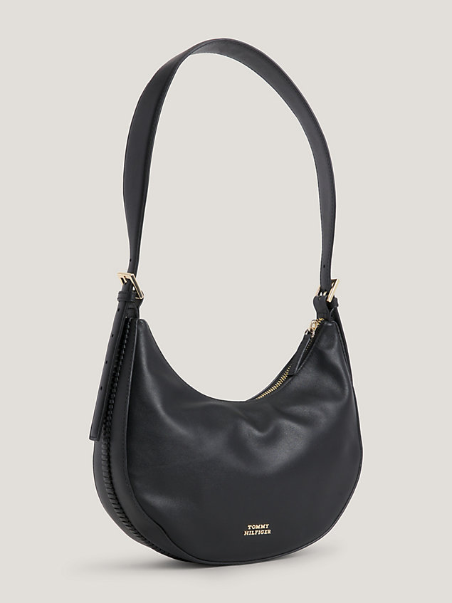 black leather crest plaque hobo bag for women tommy hilfiger