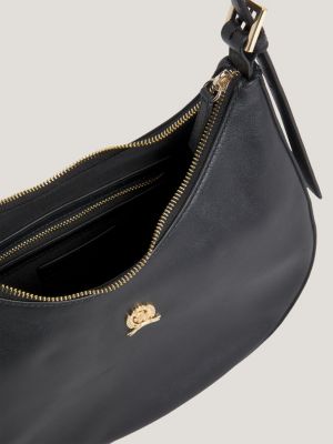 black leather crest plaque hobo bag for women tommy hilfiger
