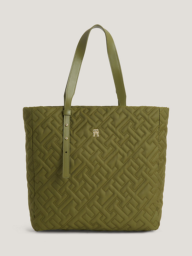 green softe tote-bag mit monogramm-steppung für damen - tommy hilfiger