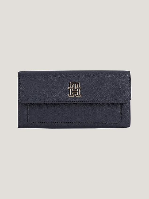 blue th monogram plaque large flap wallet for women tommy hilfiger