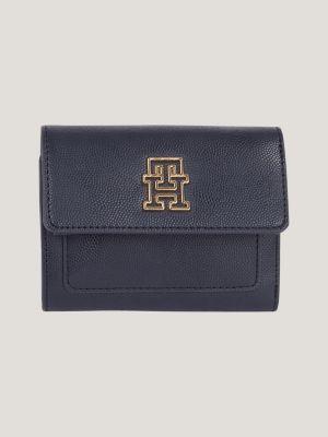 TH Monogram Plaque Medium Flap Wallet, BLUE