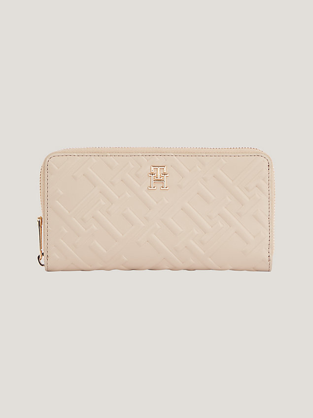 beige iconic zip-around portemonnee met monogram voor dames - tommy hilfiger