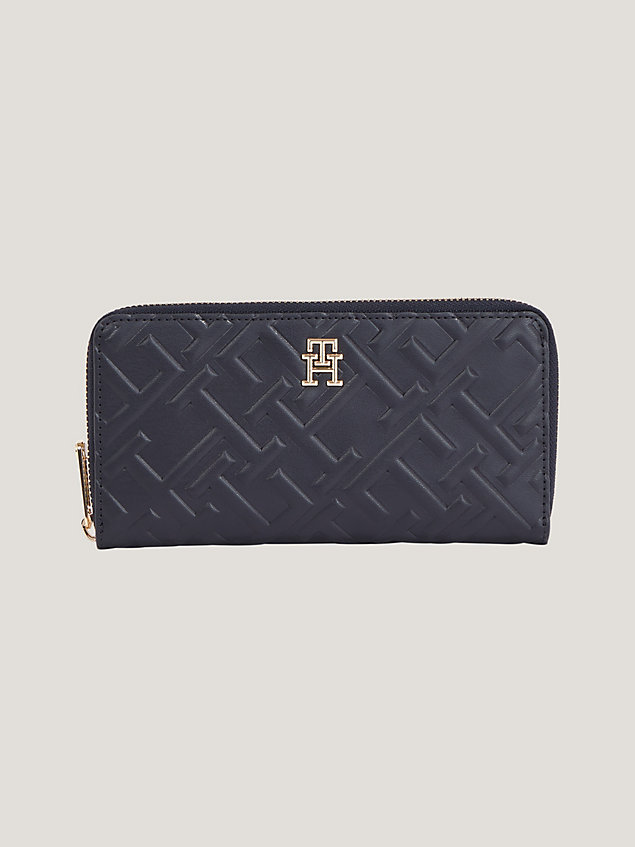 blue iconic zip-around portemonnee met monogram voor dames - tommy hilfiger