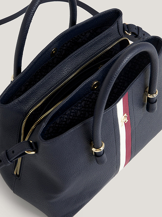 blue th emblem signature monogram satchel for women tommy hilfiger
