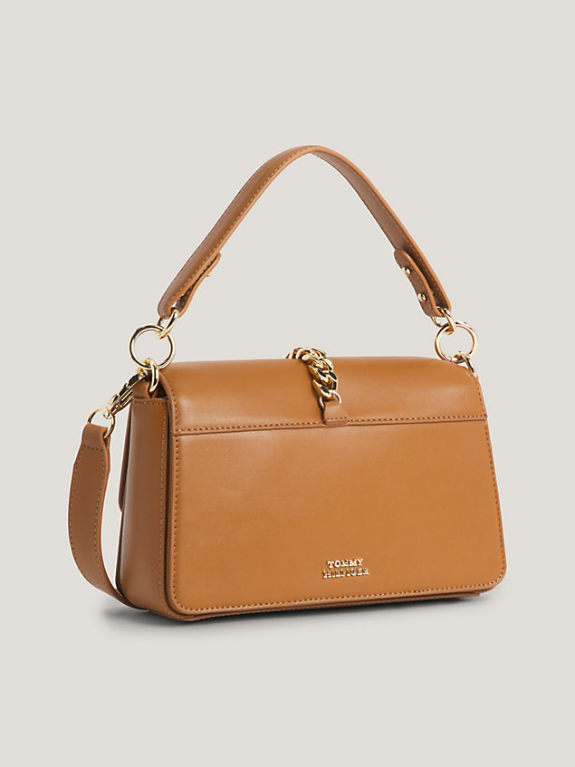 brown luxe leather crest crossover bag for women tommy hilfiger