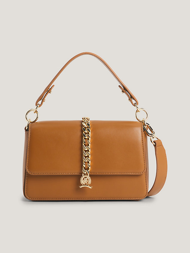 brown luxe leather crossbody-tasche mit wappen für damen - tommy hilfiger