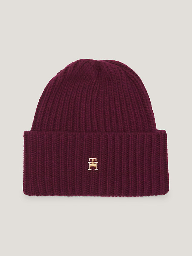 red chic rib-knit th monogram plaque beanie for women tommy hilfiger