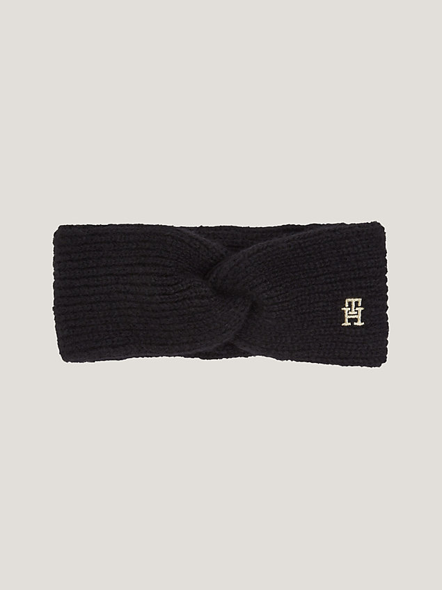 black ribgebreide hoofdband met knoop en monogram voor dames - tommy hilfiger