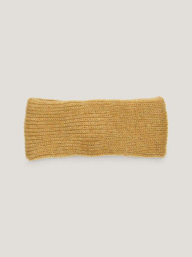 khaki ribgebreide hoofdband met knoop en monogram voor dames - tommy hilfiger