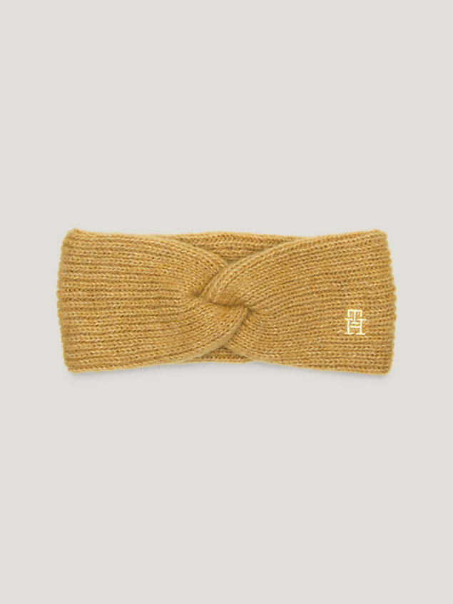 khaki ribgebreide hoofdband met knoop en monogram voor dames - tommy hilfiger