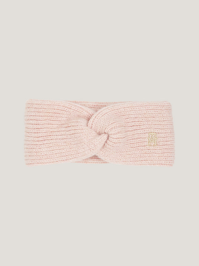 pink rippstrick-stirnband mit knoten und monogramm für damen - tommy hilfiger