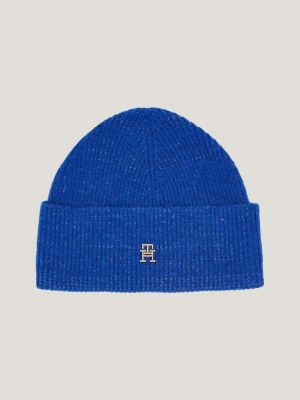 Rib-Knit TH Monogram Plaque Beanie | Blue | Tommy Hilfiger