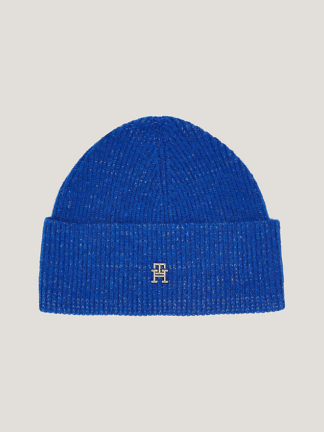 blue prążkowana czapka beanie z monogramem dla kobiety - tommy hilfiger