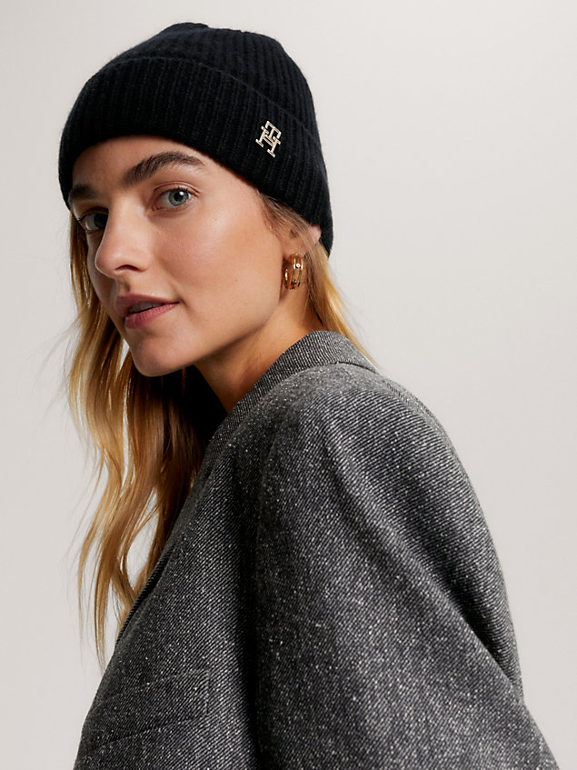 black chic pure cashmere th monogram beanie for women tommy hilfiger