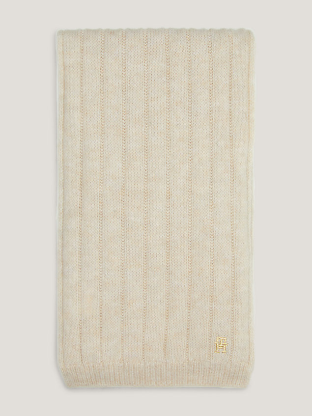 beige ribgebreide sjaal met monogram voor dames - tommy hilfiger