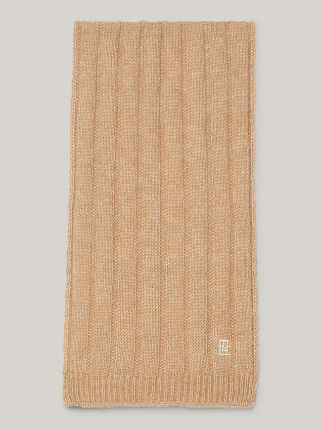 khaki ribgebreide sjaal met monogram voor dames - tommy hilfiger