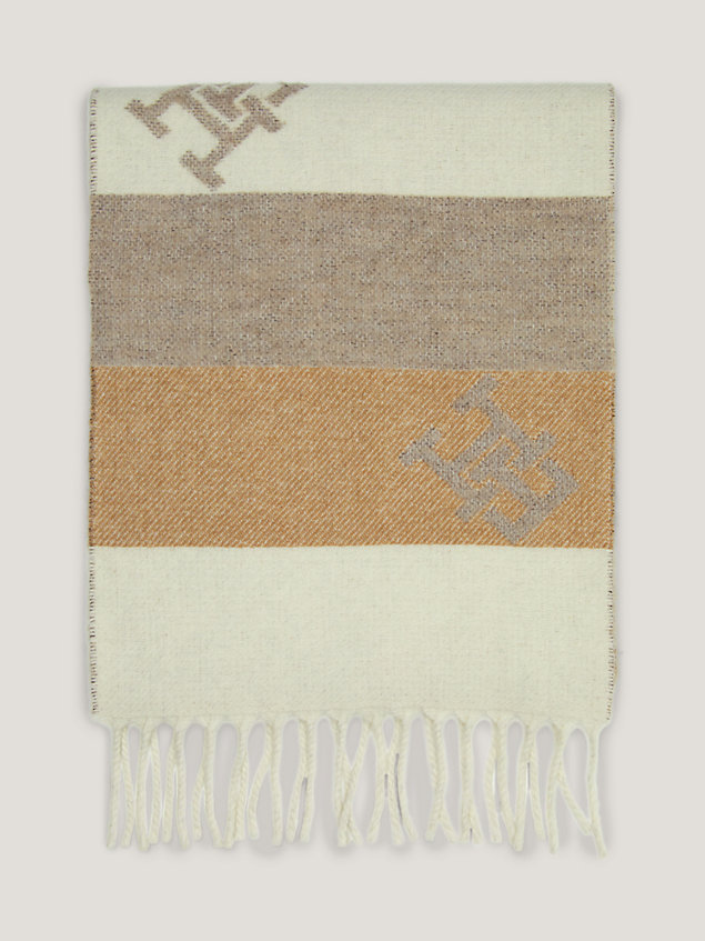 beige chic colour-blocked th monogram intarsia scarf for women tommy hilfiger