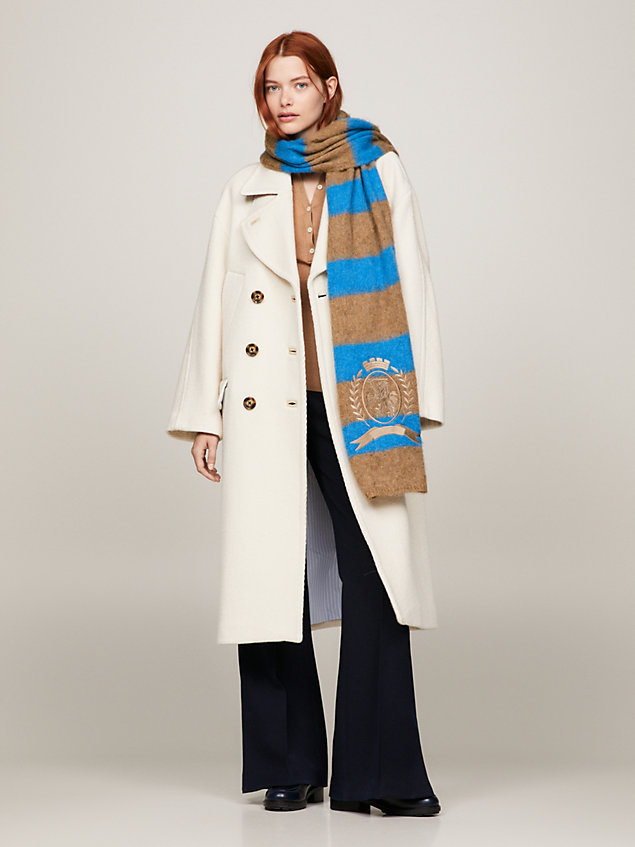 beige crest fuzzy stripe scarf for women tommy hilfiger