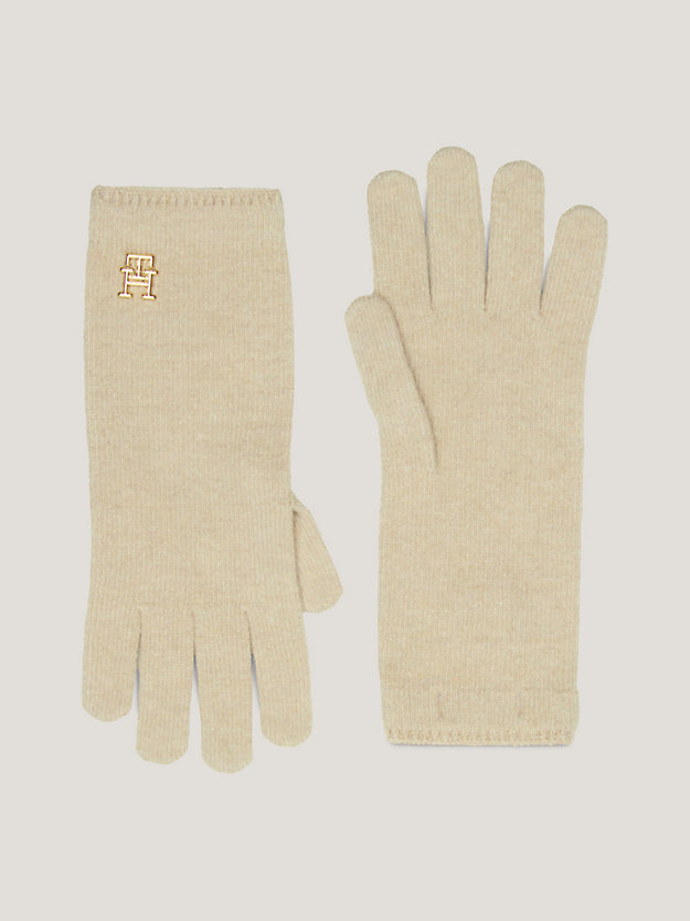 beige chic th monogram plaque gloves for women tommy hilfiger