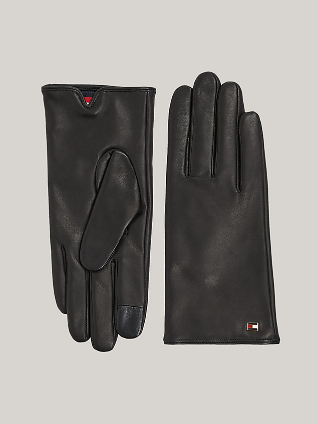 black essential leder-handschuhe mit flag für damen - tommy hilfiger