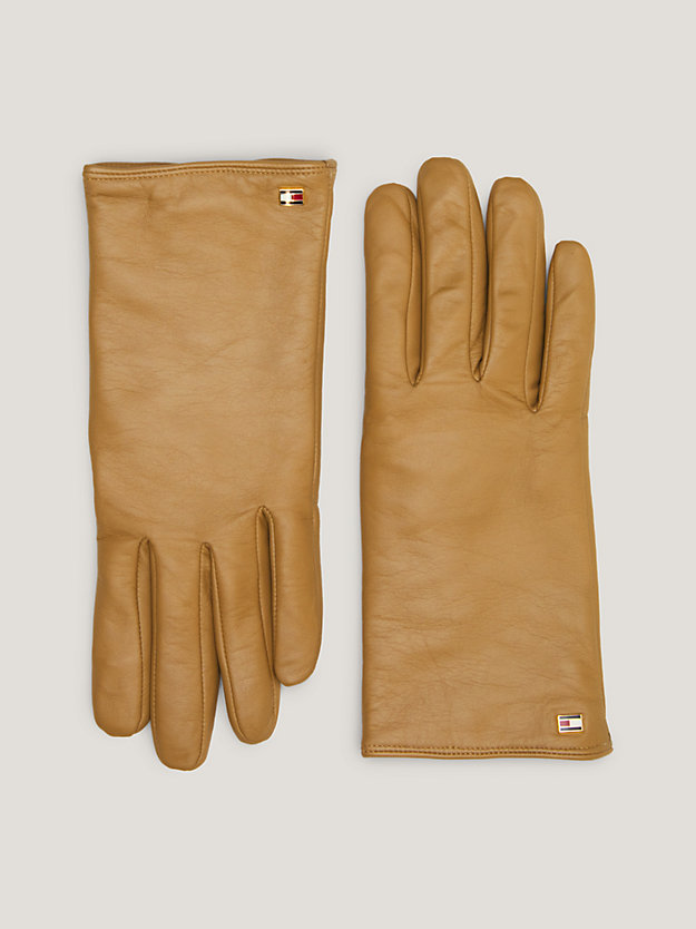 khaki essential flag leather gloves for women tommy hilfiger