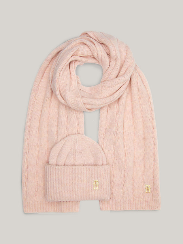 pink th monogram beanie and scarf gift set for women tommy hilfiger