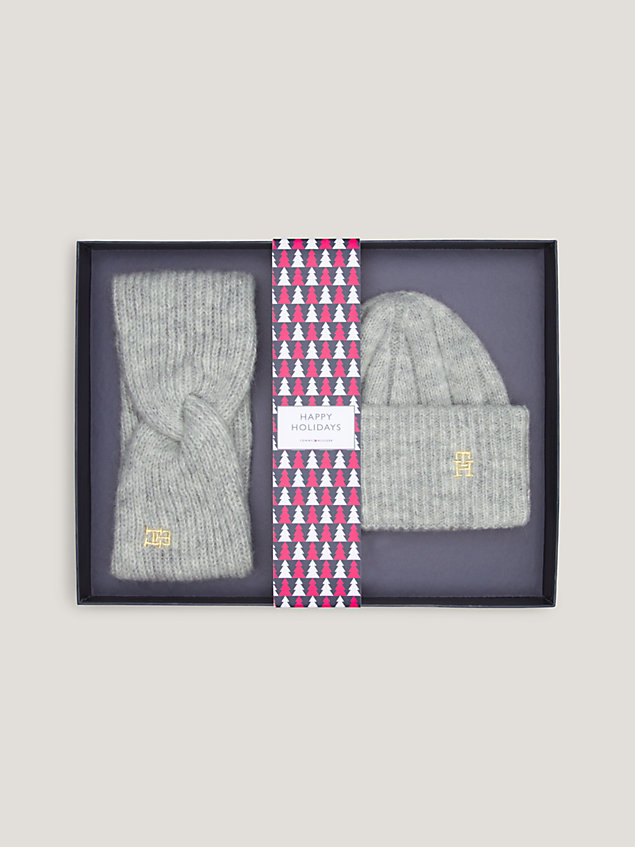 grey th monogram beanie and headband gift set for women tommy hilfiger