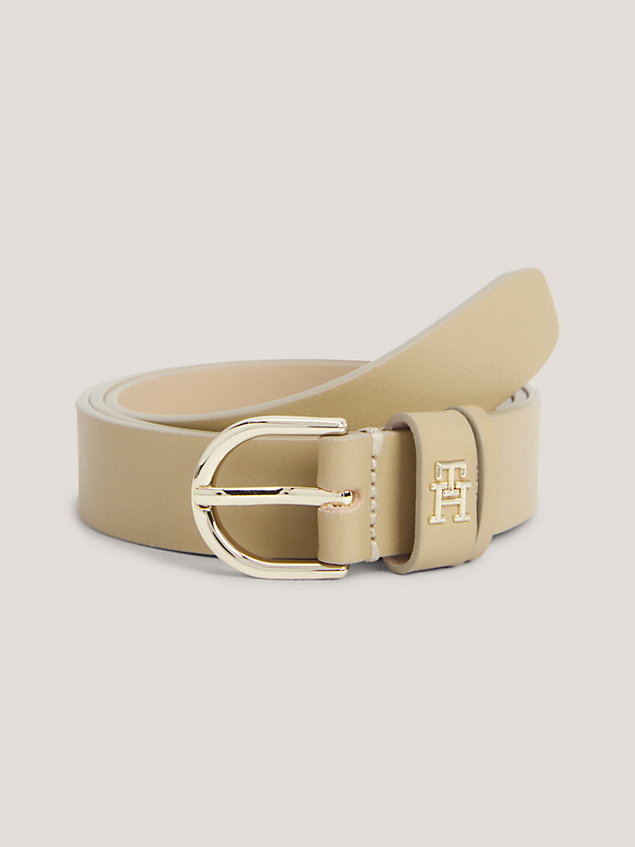 beige th monogram plaque leather belt for women tommy hilfiger