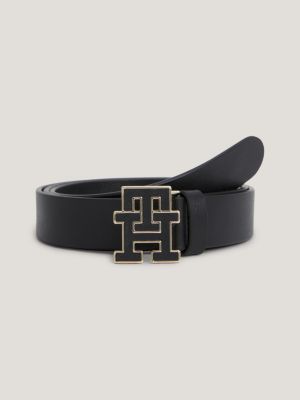 Cintura cuoio e nera in similpelle a motivo monogram con fibbia logo  quadrata dorata