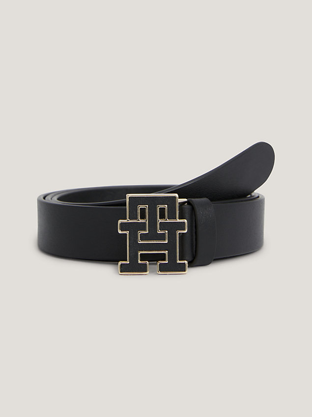 black th monogram buckle leather belt for women tommy hilfiger