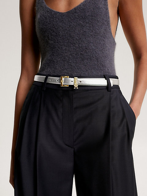 grey metallic leather th monogram charm belt for women tommy hilfiger