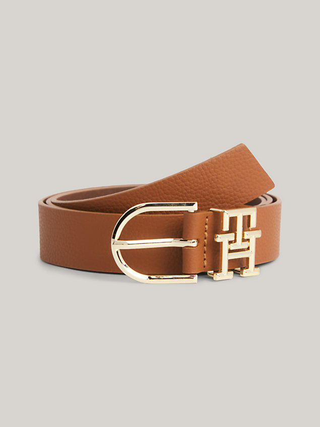 brown luxe leather riem met monogram-keeper voor dames - tommy hilfiger